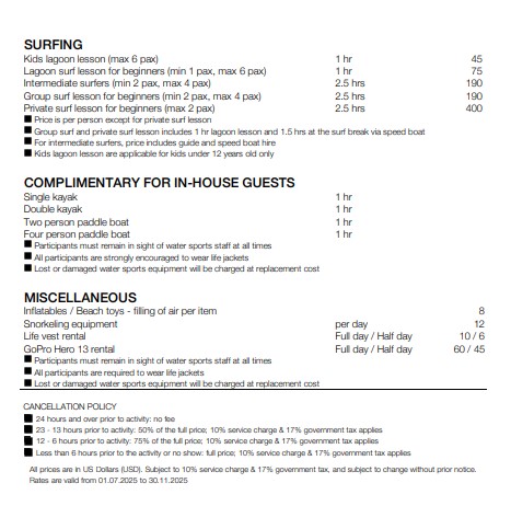 Saii-Lagoon-Maldives-Excursion-and-Water-Sport-price-list-2