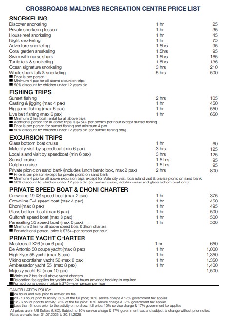 Saii-Lagoon-Maldives-Excursion-and-Water-Sport-price-list-3